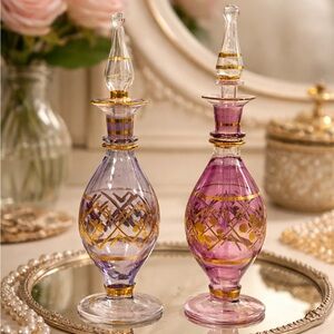 Vintage Art Glass Perfume Bottles Pair Pink Amethyst Gilt Vanity Decor